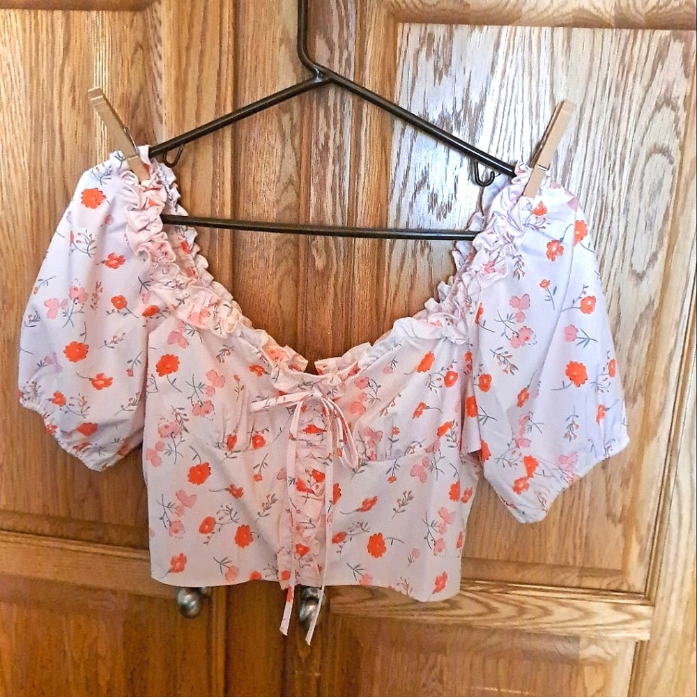 Pink and Orange Puff Sleeve Crop Blouse  By Shein Size M Bust 36" Zipper In Back